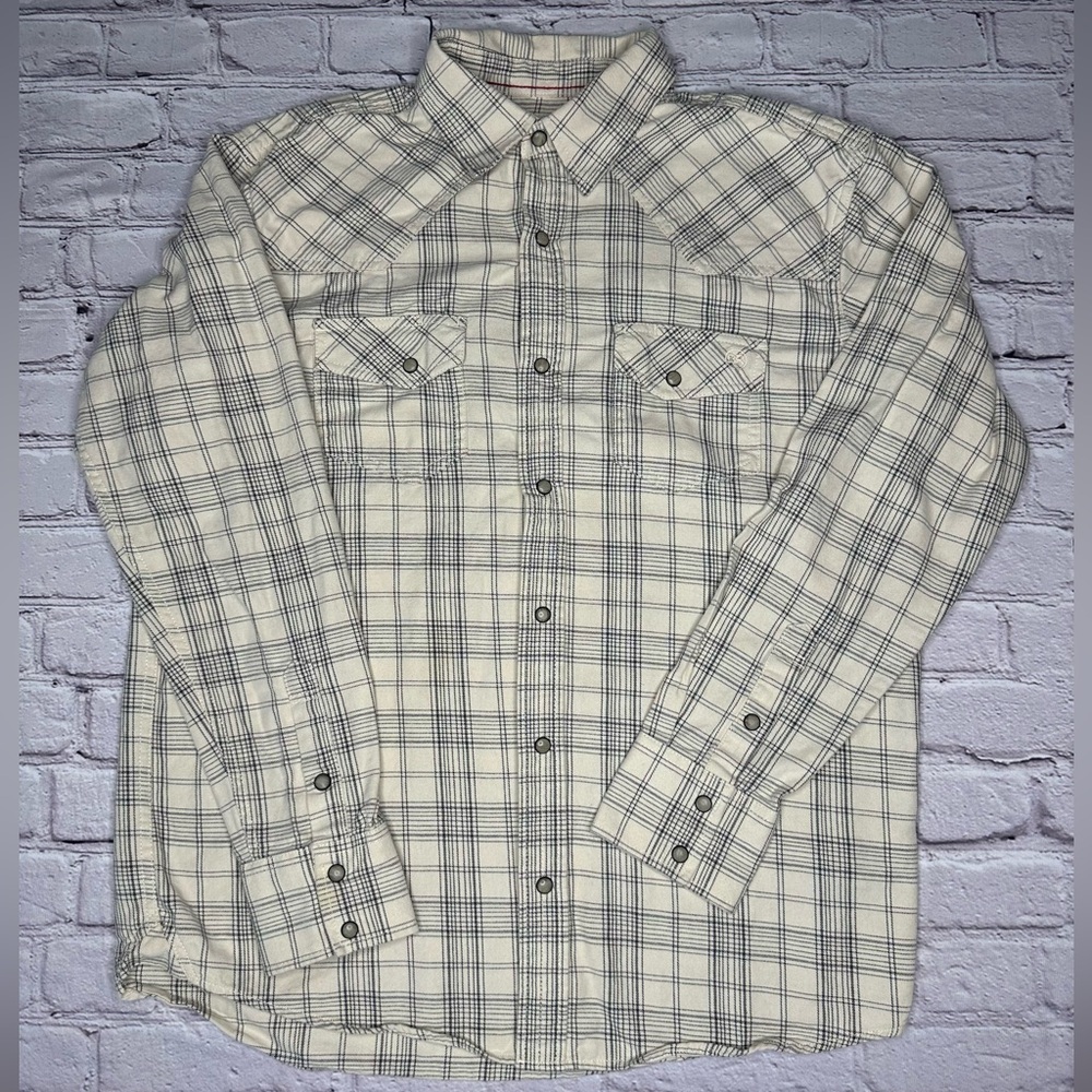 Blue Ranchwear Men's Plaid Pearl Snap Shirt Size M, Cream White, Heavy Material
